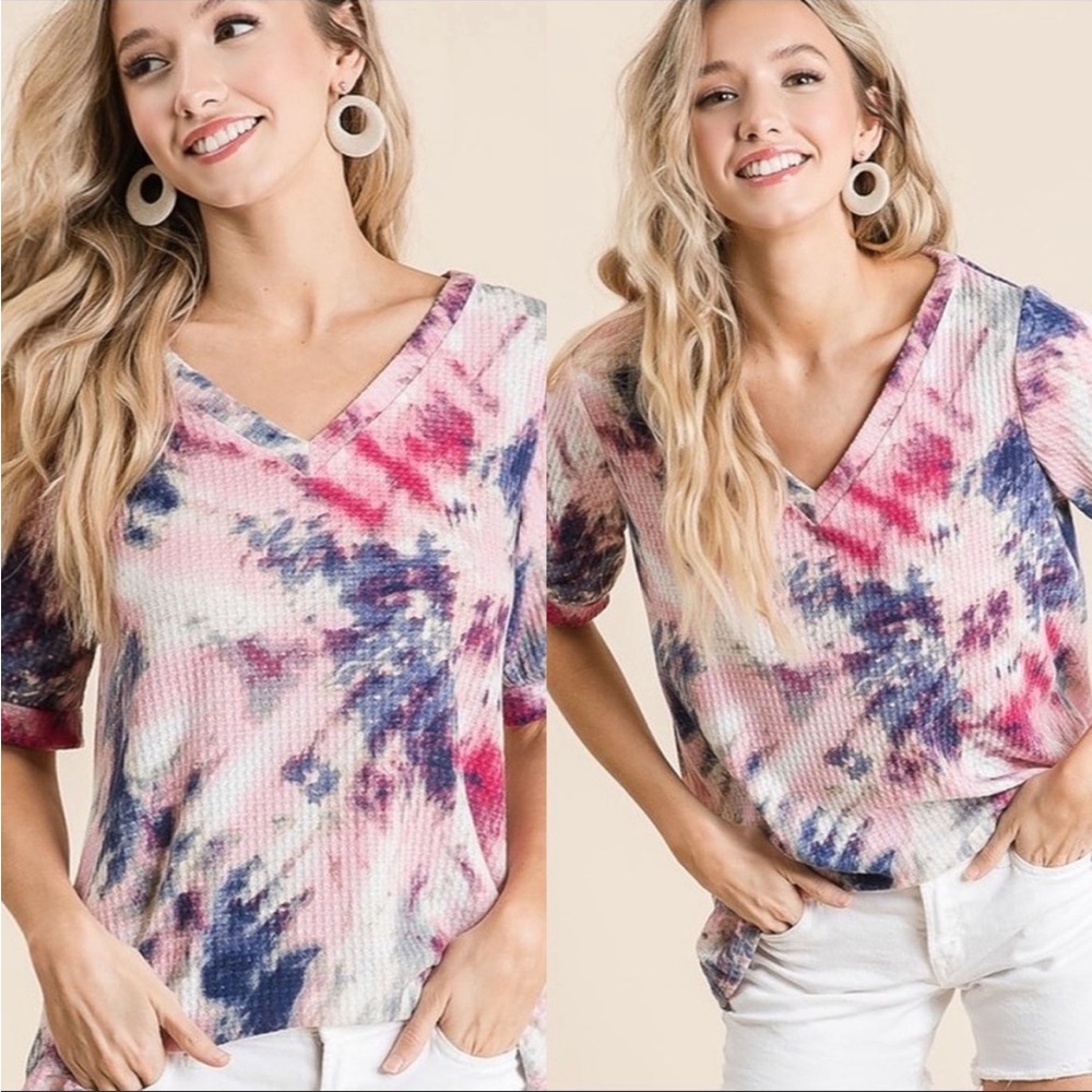 Indigo/Pink Tie Dye Waffle Knit Top